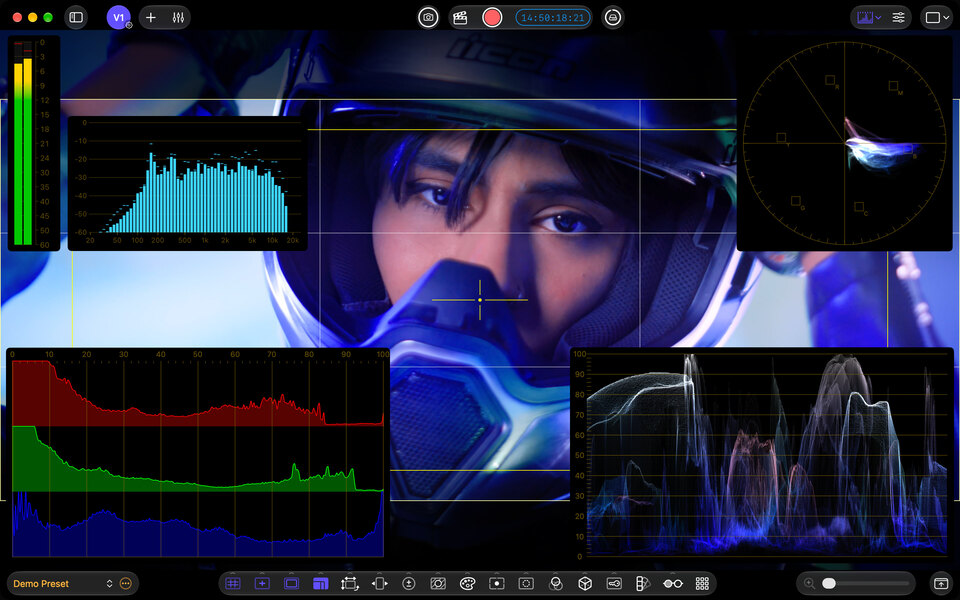 Video assist overlays and floating video and audio scopes in the Mac workspace.